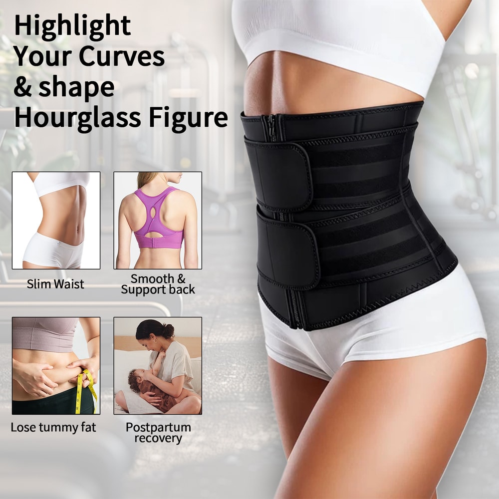Adjustable Neoprene Waist Trainer For Women Double Belt Workout Cincher With Zipper Tummy Control A 4