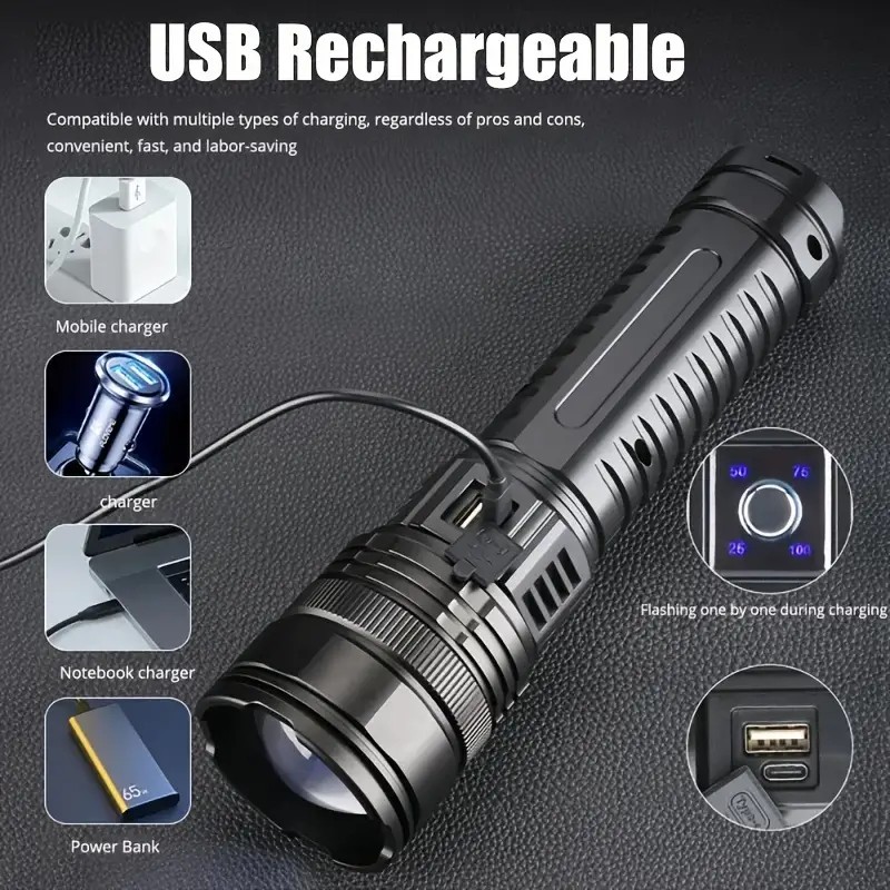 Rechargeable Tactical Flashlight With Long Range Beam And USB C Emergency Spotlight 6