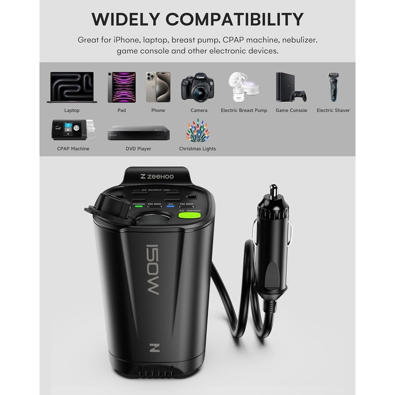 Car Power Inverter Fast Charger With Dual PD USB and 2 AC Outlets for Travel and Road Trips