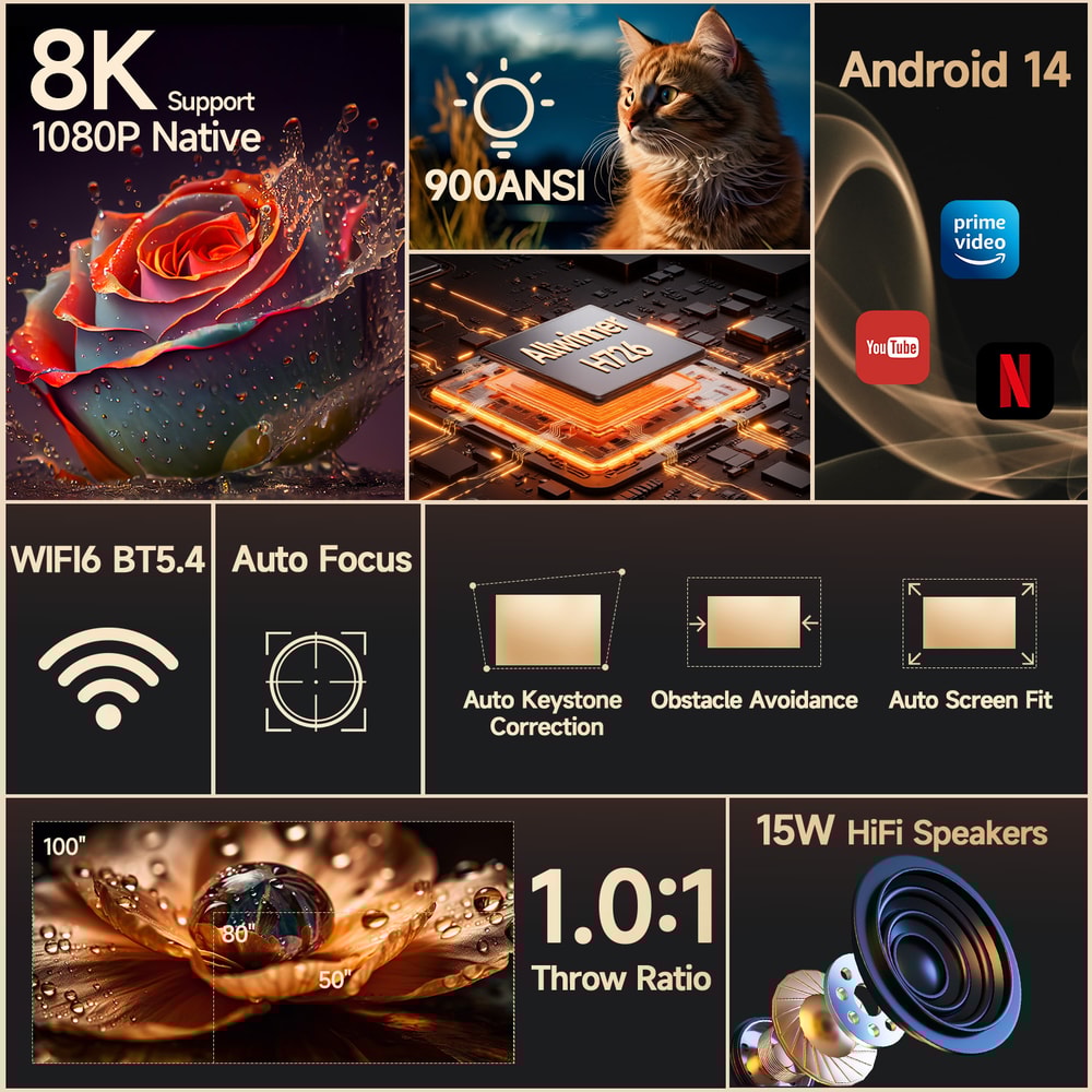 4K Projector Portable Outdoor Cinema With Android 14 Auto Focus 1080P Projector WiFi 6 Bluetooth 2