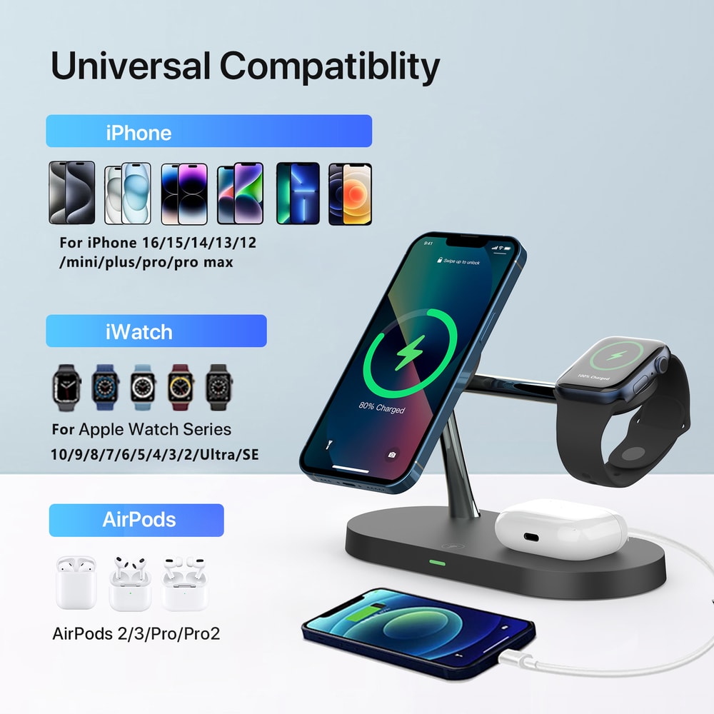 3 In 1 Wireless Charger Stand Magnetic Charging Station For IPhone Apple Watch AirPods Fast Wireles 2