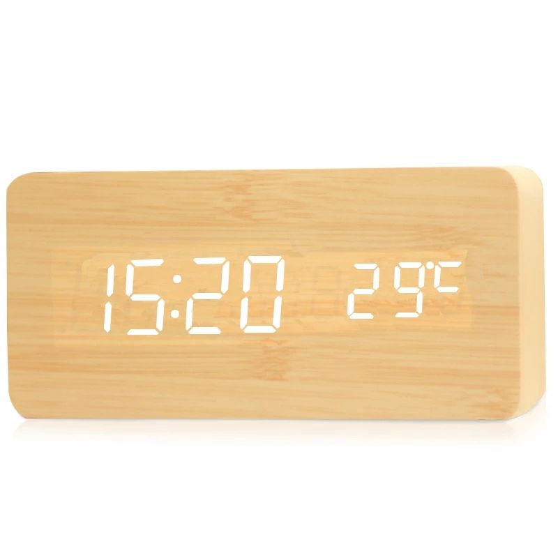 Wooden LED Digital Alarm Clock with Temperature Display and Adjustable Brightness