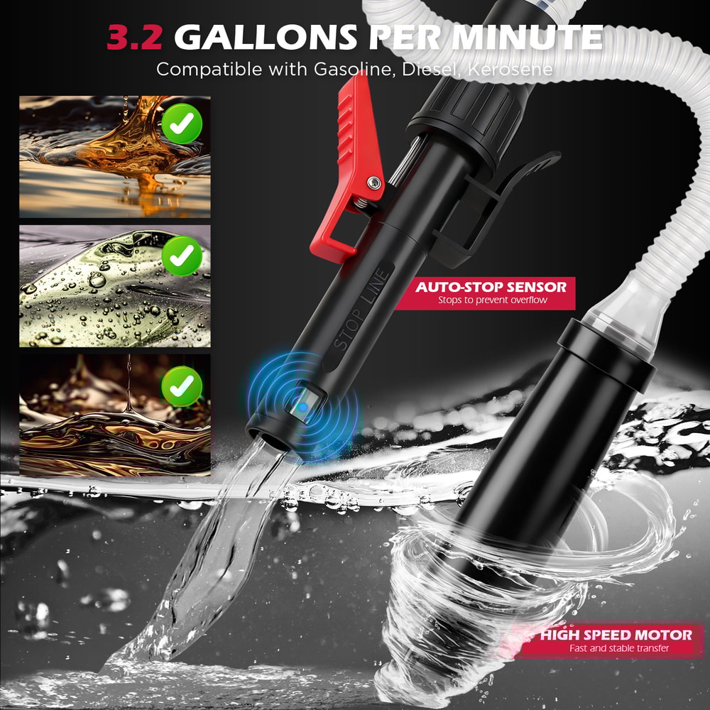 Automatic Fuel Transfer Pump with Auto Stop Sensor 3.2 GPM Battery Operated Gas Can Pump with Adapters