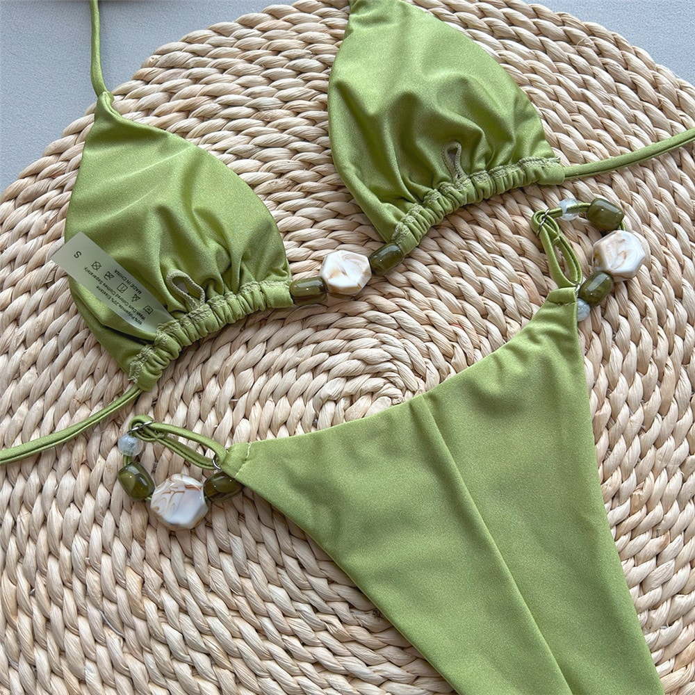 Solid Green Halter Bikini Set With Beaded String Sexy Micro Thong Swimsuit For Women 4