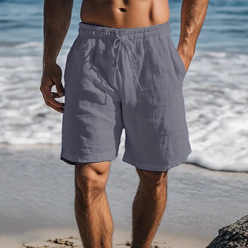 Mens Cotton Linen Shorts Lightweight Breathable Summer Beach Shorts Elastic Waist 3