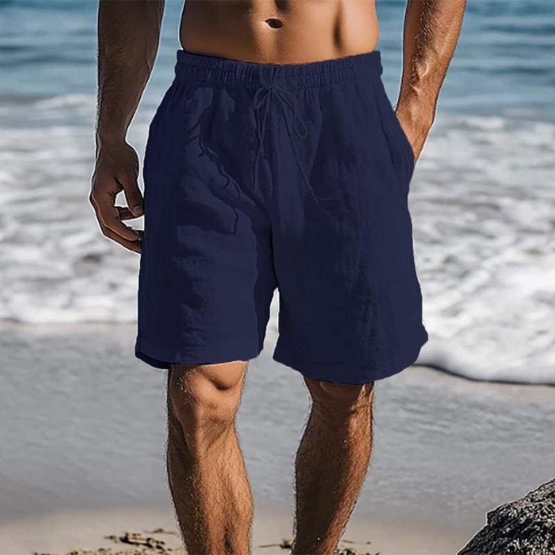 Mens Cotton Linen Shorts Lightweight Breathable Summer Beach Shorts Elastic Waist 2