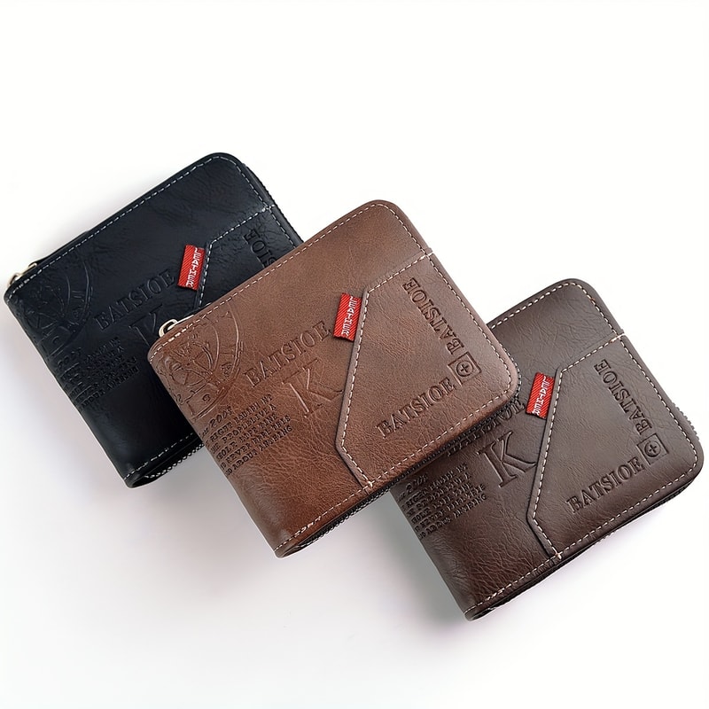 Mens Wallet Zipper Wallet For Men Compact Card Holder Wallet PU Leather Coin Purse 3