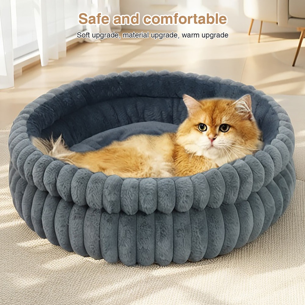 Calming Plush Cat Bed Washable Round Pet Bed with Anti Slip Base