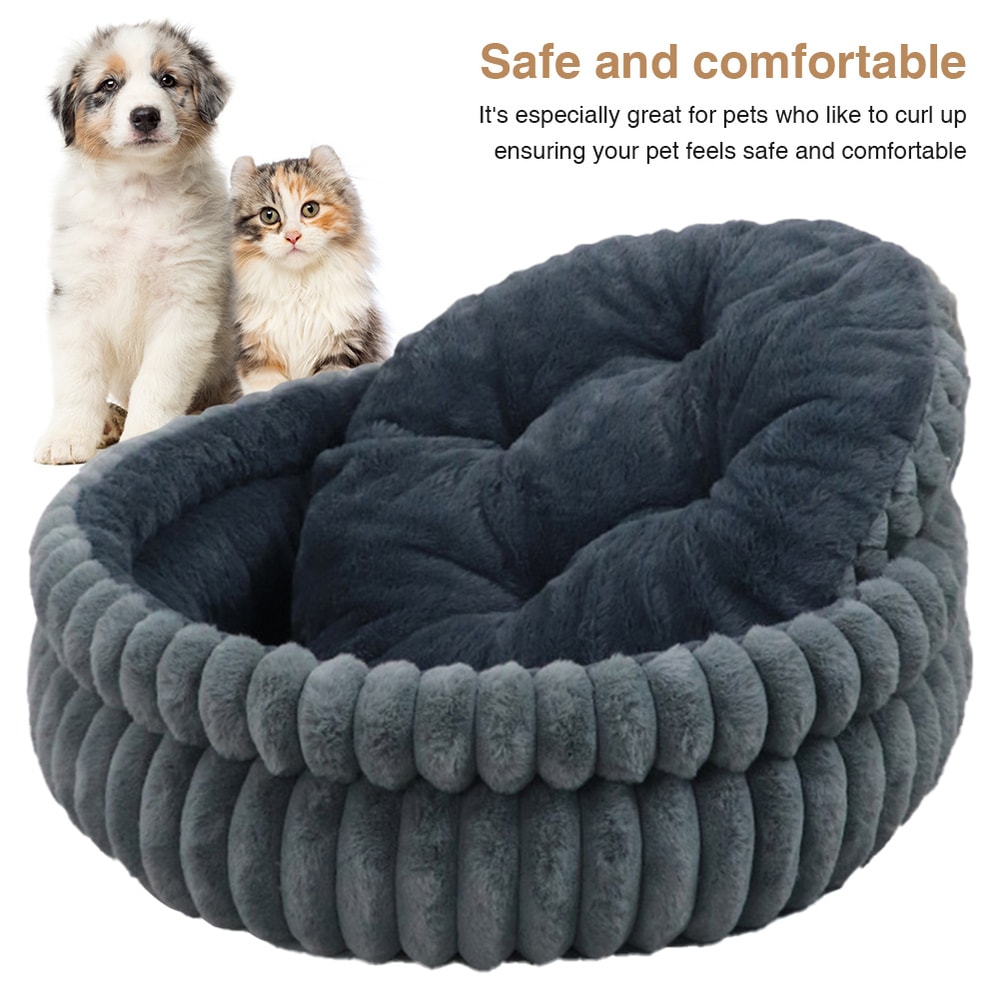 Calming Plush Cat Bed Washable Round Pet Bed with Anti Slip Base