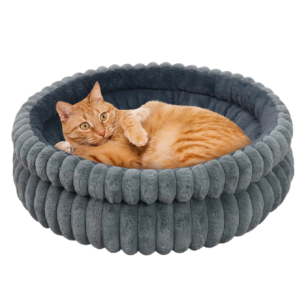 Calming Plush Cat Bed Washable Round Pet Bed with Anti Slip Base