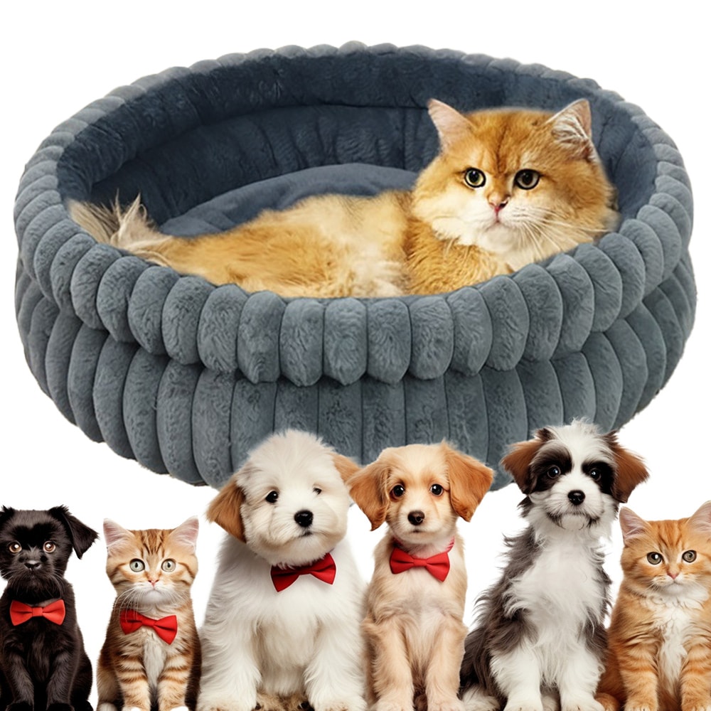 Calming Plush Cat Bed Washable Round Pet Bed with Anti Slip Base