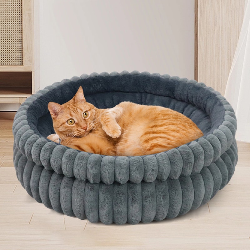 Calming Plush Cat Bed Washable Round Pet Bed with Anti Slip Base