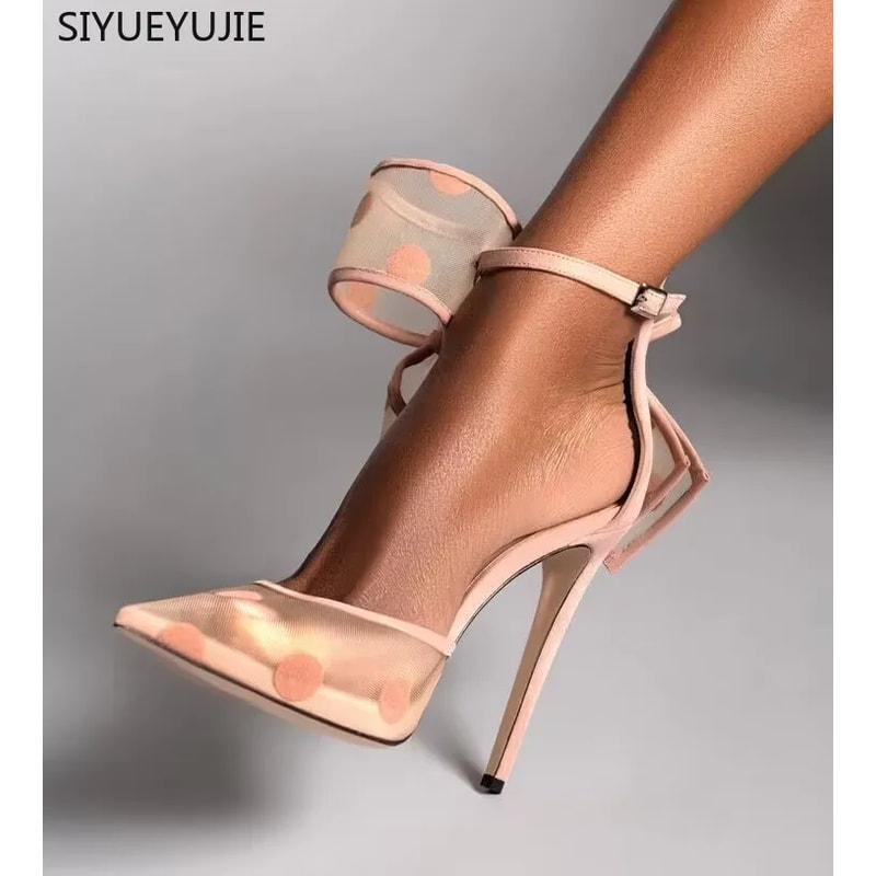 Red Mesh Polka Dot Heels Bow Stiletto Pumps For Women Party Shoes 3