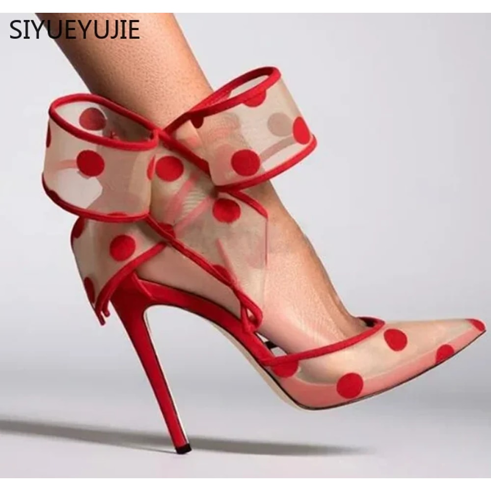 Red Mesh Polka Dot Heels Bow Stiletto Pumps For Women Party Shoes 5