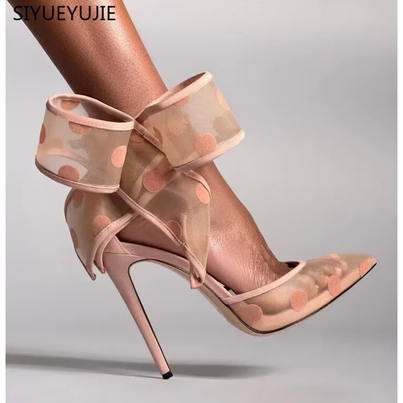 Red Mesh Polka Dot Heels Bow Stiletto Pumps For Women Party Shoes 4