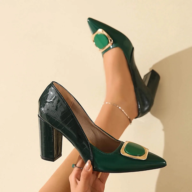 Elegant Womens Block Heel Pumps Pointed Toe Buckle Heels 1