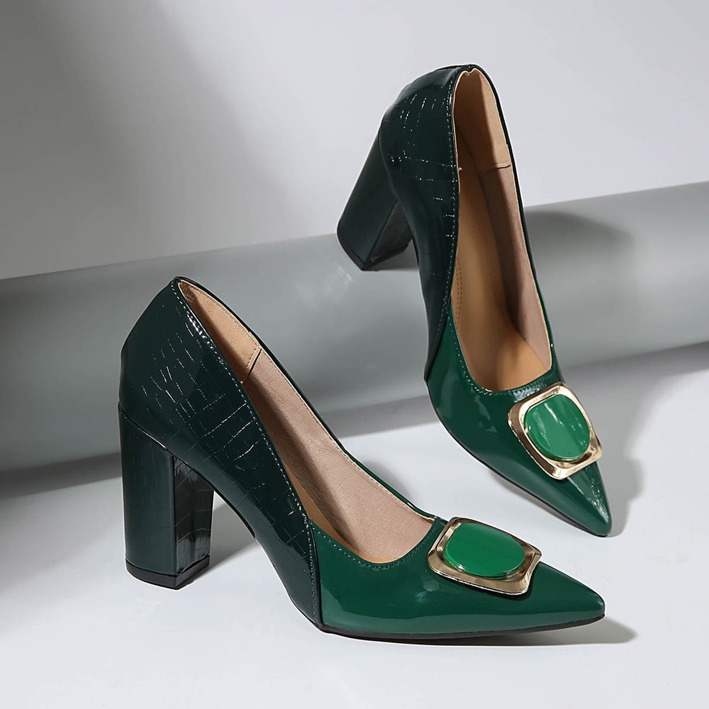 Elegant Womens Block Heel Pumps Pointed Toe Buckle Heels 5