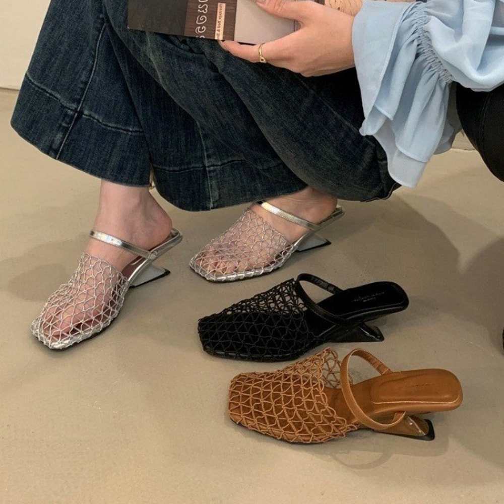 Women Mesh High Heel Sandals Square Toe Slingback Summer Pumps 0