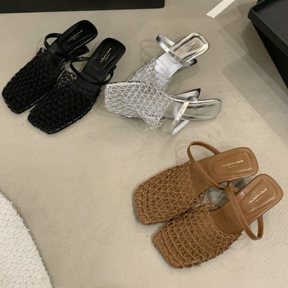 Women Mesh High Heel Sandals Square Toe Slingback Summer Pumps 1