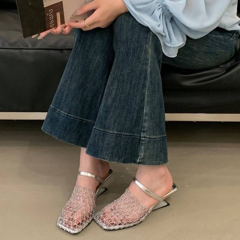 Women Mesh High Heel Sandals Square Toe Slingback Summer Pumps 2