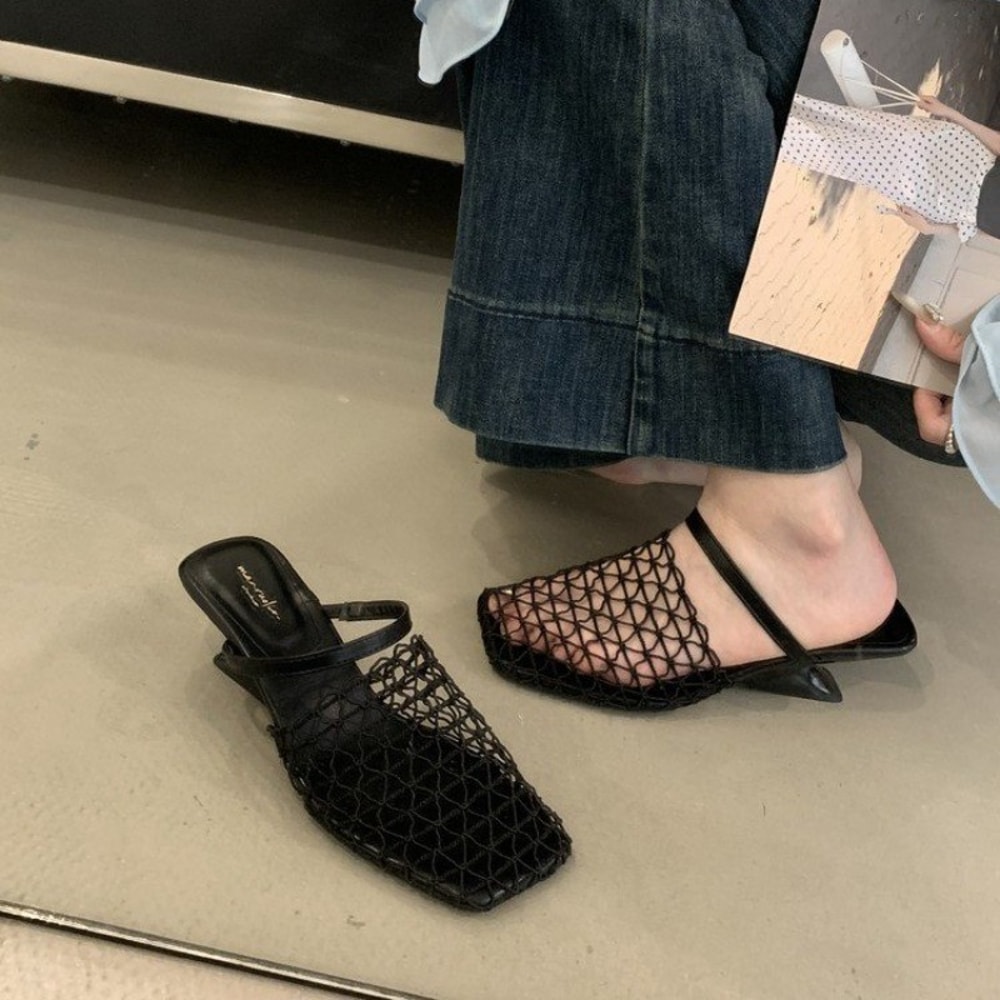 Women Mesh High Heel Sandals Square Toe Slingback Summer Pumps 3