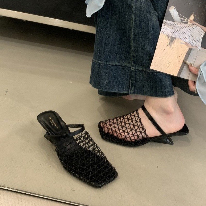 Women Mesh High Heel Sandals Square Toe Slingback Summer Pumps 3