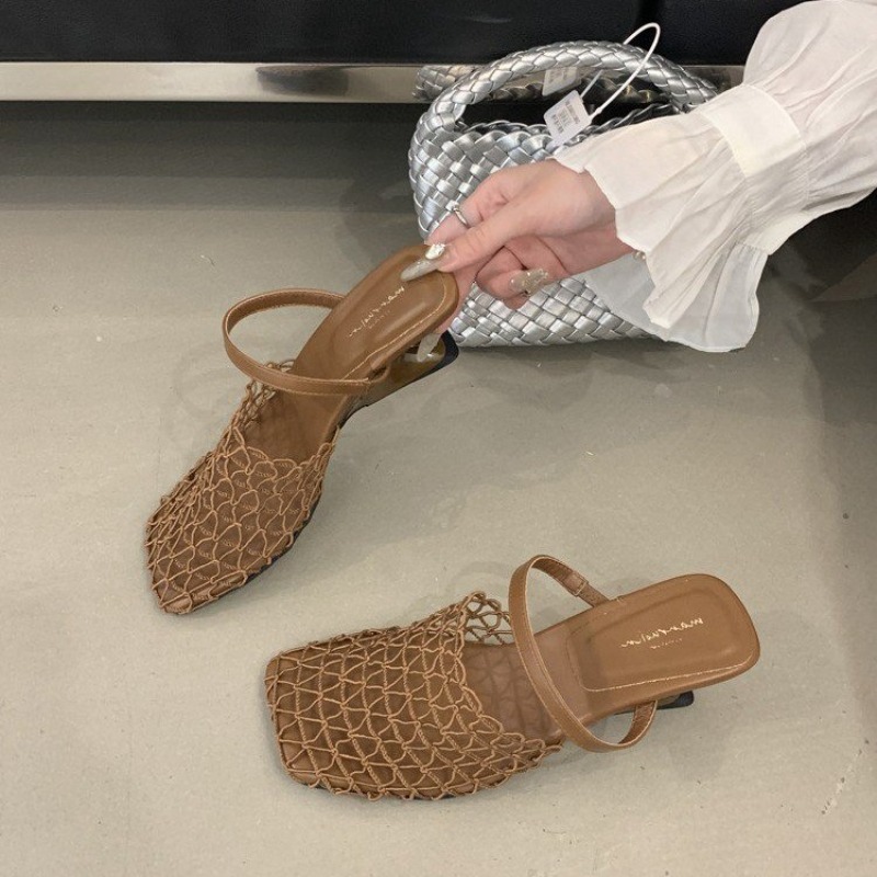 Women Mesh High Heel Sandals Square Toe Slingback Summer Pumps 4