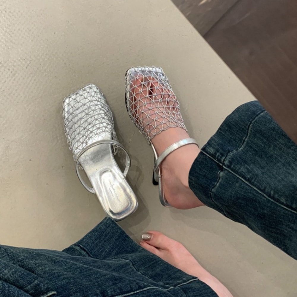 Women Mesh High Heel Sandals Square Toe Slingback Summer Pumps 5