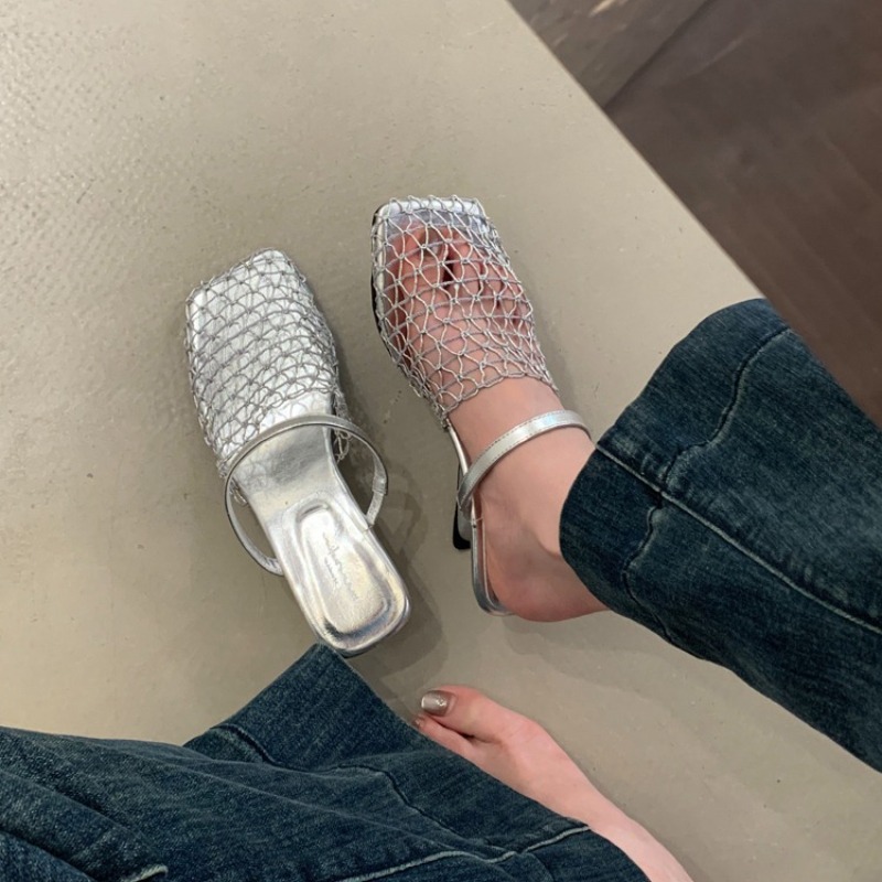 Women Mesh High Heel Sandals Square Toe Slingback Summer Pumps 5