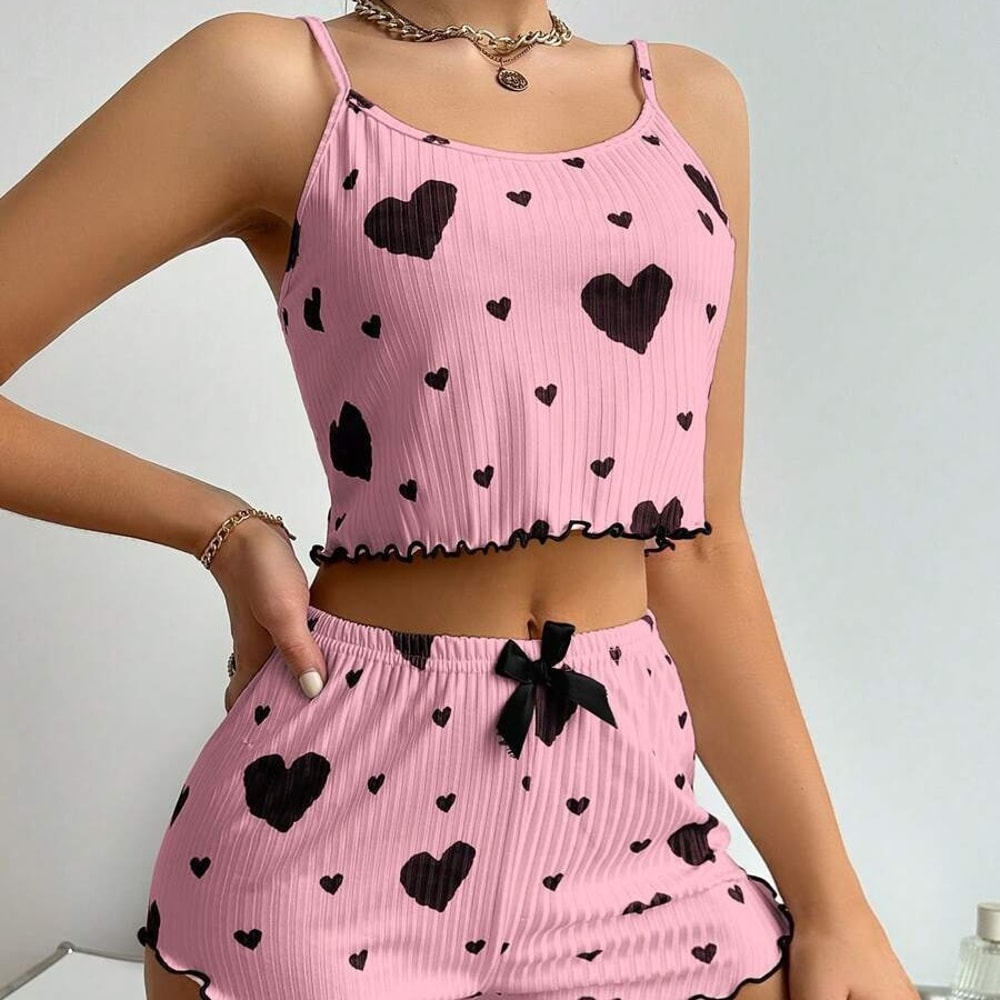 Soft Breathable Women Pajama Set Cute Heart Print Tank And Shorts Sleepwear 2