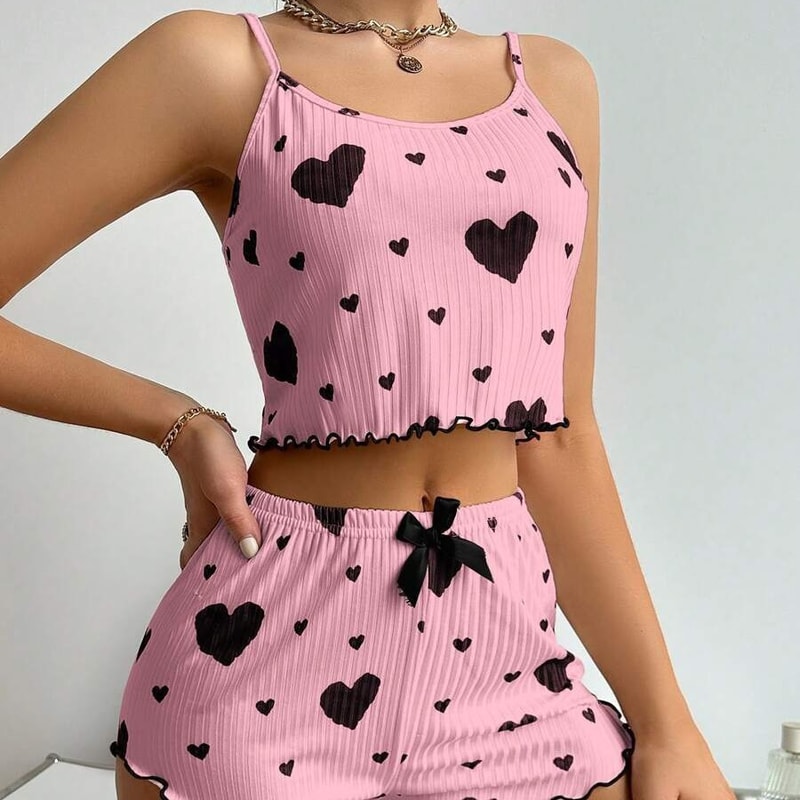 Soft Breathable Women Pajama Set Cute Heart Print Tank And Shorts Sleepwear 2