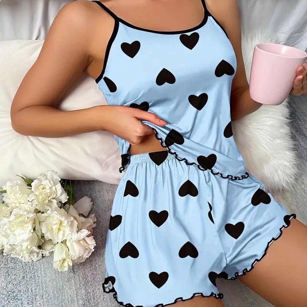Summer Ice Silk Pajama Set For Women Heart Print Sleepwear Shorts Set 0