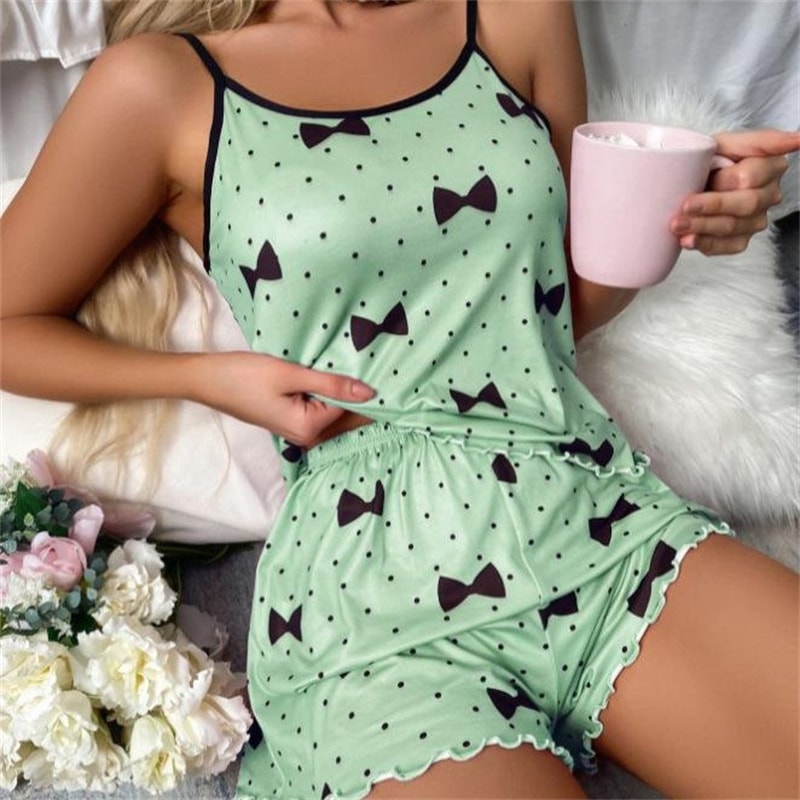Summer Ice Silk Pajama Set For Women Heart Print Sleepwear Shorts Set 1