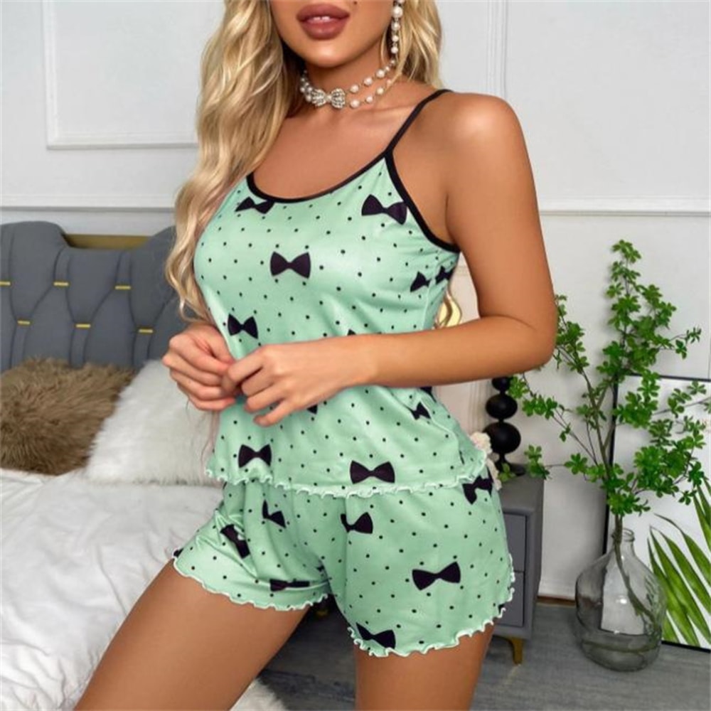 Summer Ice Silk Pajama Set For Women Heart Print Sleepwear Shorts Set 3