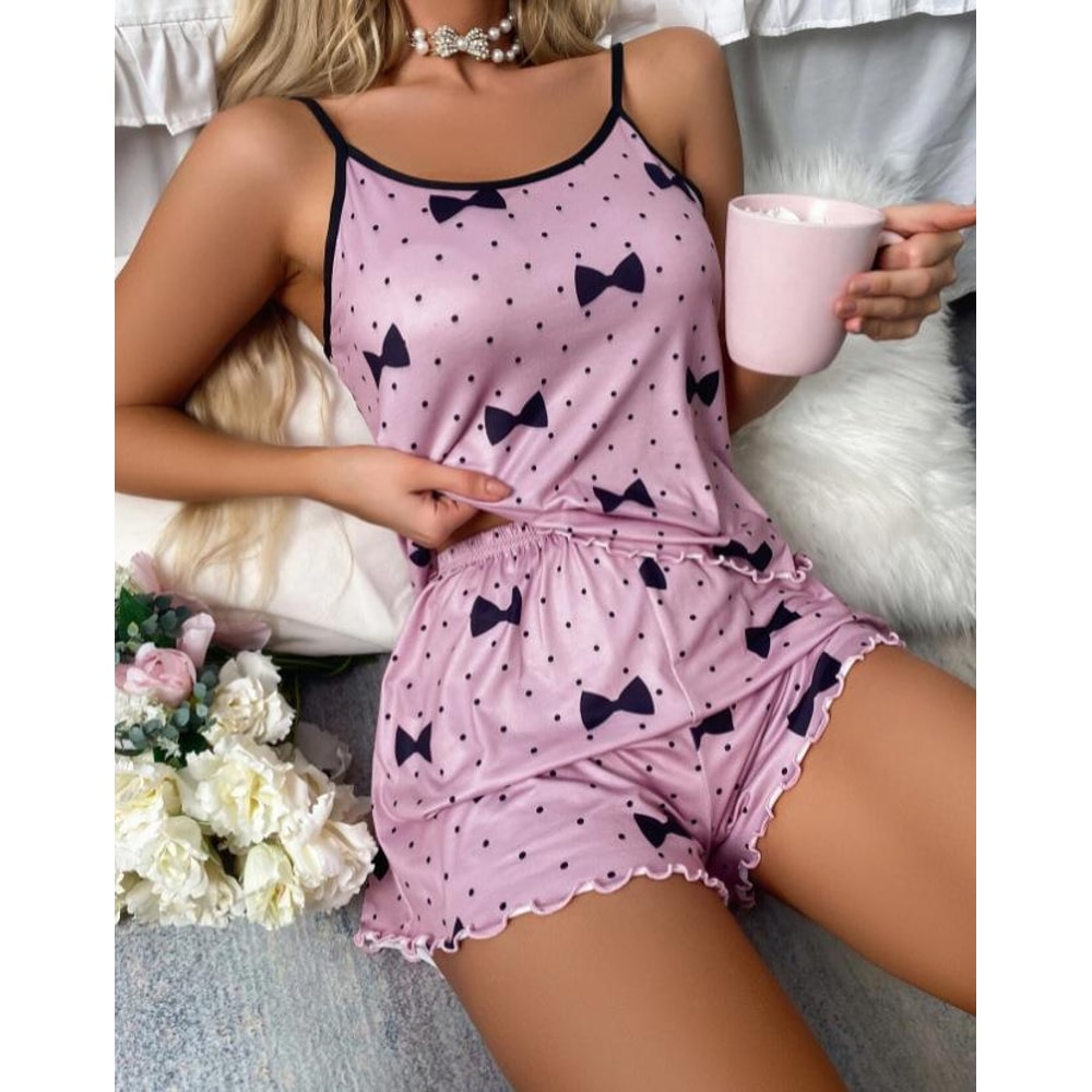 Summer Ice Silk Pajama Set For Women Heart Print Sleepwear Shorts Set 5