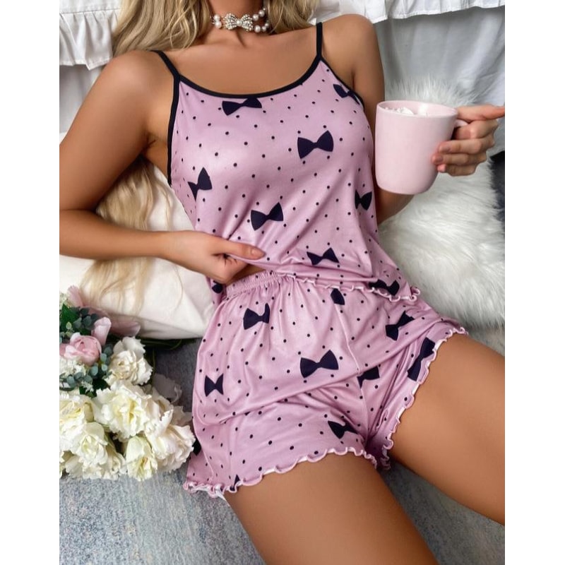 Summer Ice Silk Pajama Set For Women Heart Print Sleepwear Shorts Set 5