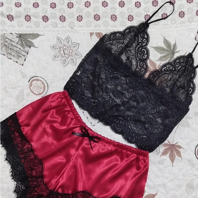 Silk Lace Pajama Set For Women Sexy Lingerie Sleepwear Crop Top And Shorts 2
