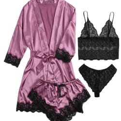 satin lace pajama set for women 4 piece sleepwear lingerie nightwear