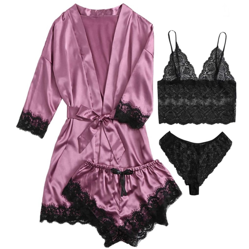 Satin Lace Pajama Set For Women 4 Piece Sleepwear Lingerie Nightwear 1
