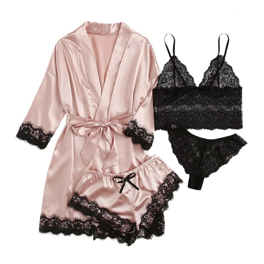 Satin Lace Pajama Set For Women 4 Piece Sleepwear Lingerie Nightwear 2