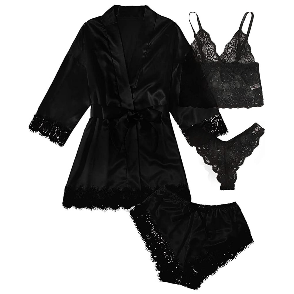 Satin Lace Pajama Set For Women 4 Piece Sleepwear Lingerie Nightwear 3