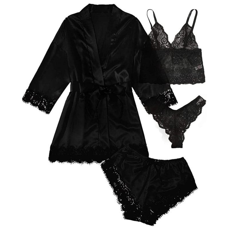 Satin Lace Pajama Set For Women 4 Piece Sleepwear Lingerie Nightwear 3