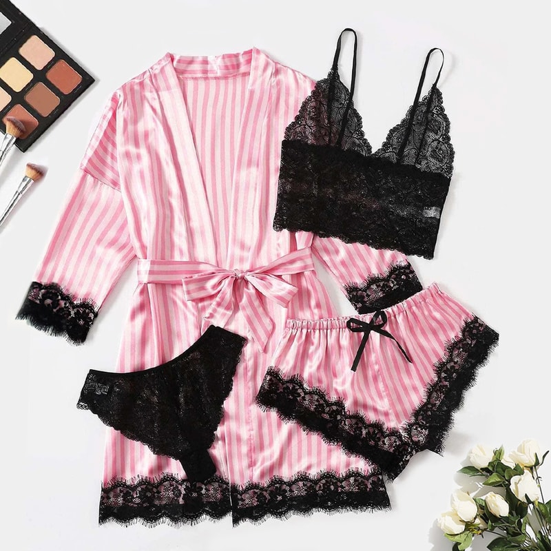 Satin Lace Pajama Set For Women 4 Piece Sleepwear Lingerie Nightwear 4