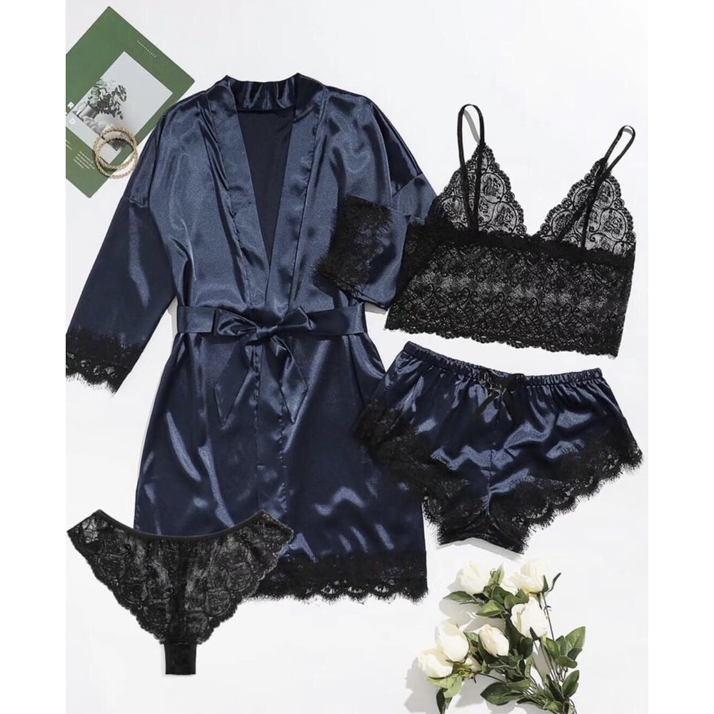 Satin Lace Pajama Set For Women 4 Piece Sleepwear Lingerie Nightwear 5