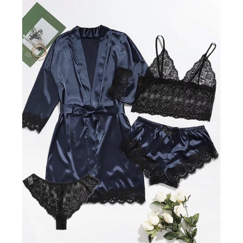 Satin Lace Pajama Set For Women 4 Piece Sleepwear Lingerie Nightwear 5