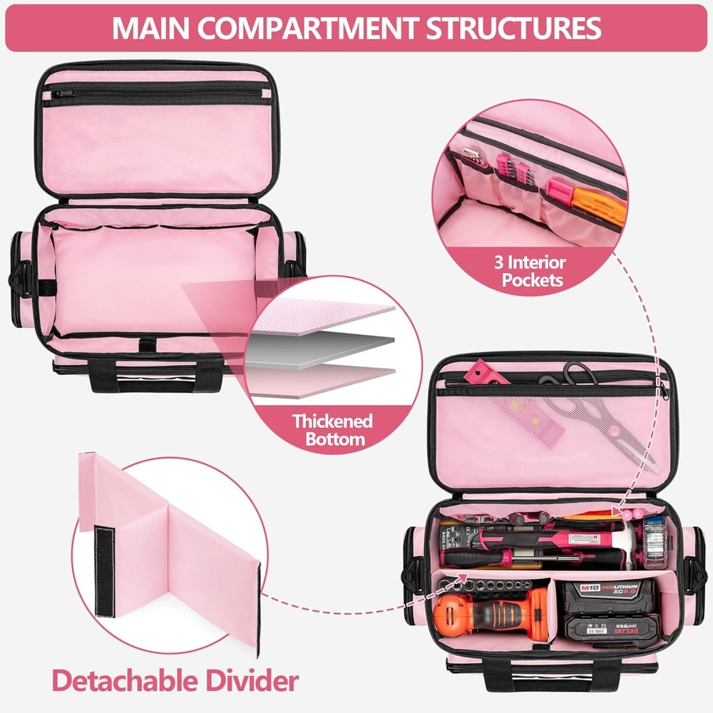 Pink Tool Bag Organizer For Women Durable Tool Tote With Storage Pockets And Anti Slip Base 1