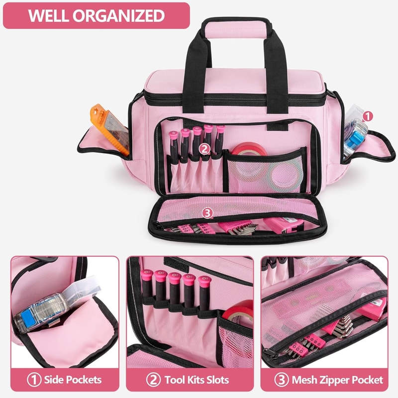 Pink Tool Bag Organizer For Women Durable Tool Tote With Storage Pockets And Anti Slip Base 2