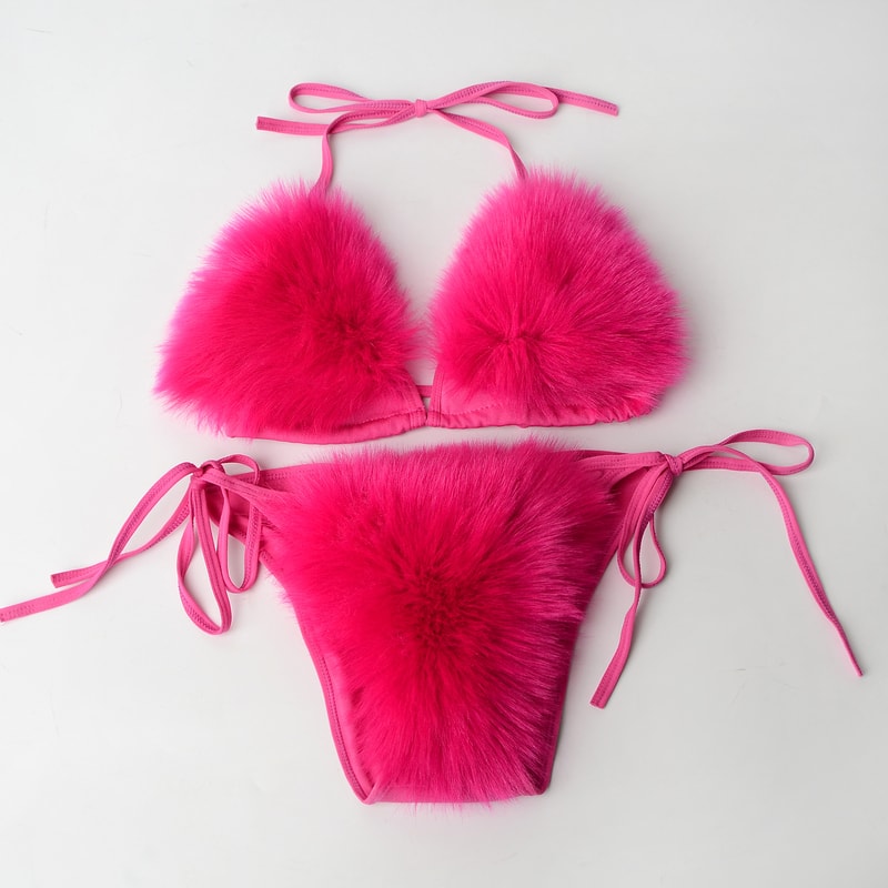 Faux Fur Bikini Set Plush Halter Triangle Swimsuit for Women