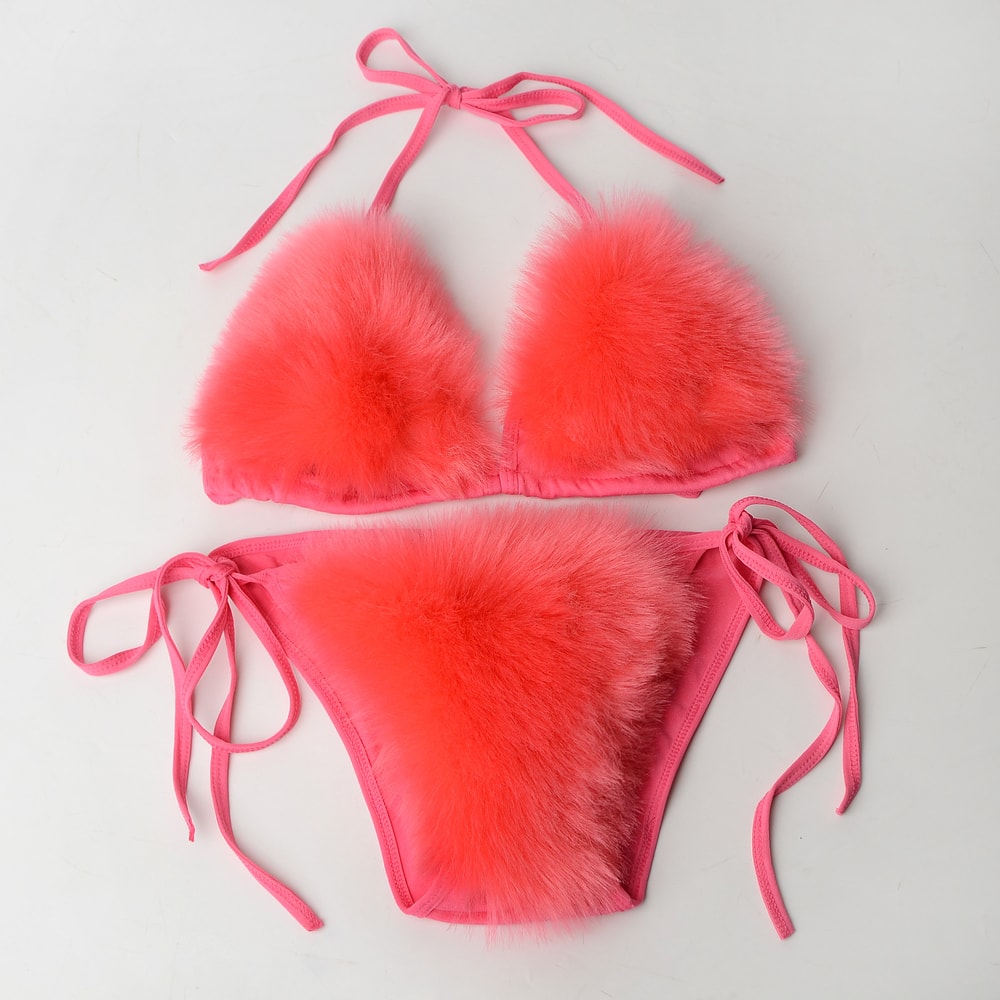 Faux Fur Bikini Set Plush Halter Triangle Swimsuit for Women