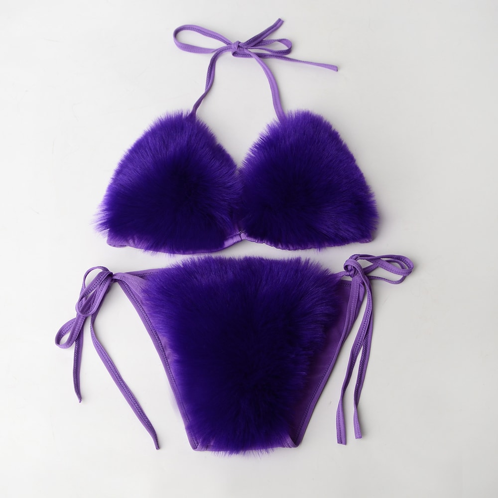 Faux Fur Bikini Set Plush Halter Triangle Swimsuit for Women